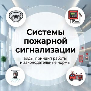 Обложка статьи с заголовком «Системы пожарной сигнализации: виды, принцип работы и законодательные нормы», окруженным иконками пожарного датчика, контрольной панели, системы тушения и пожарной машины на фоне современного офиса.