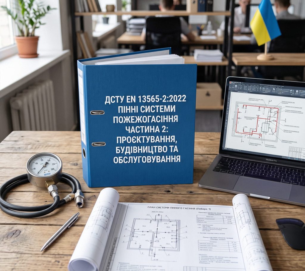 Фото: Робоче місце з текою ДСТУ EN 13565-2:2022 про пінні системи пожежогасіння