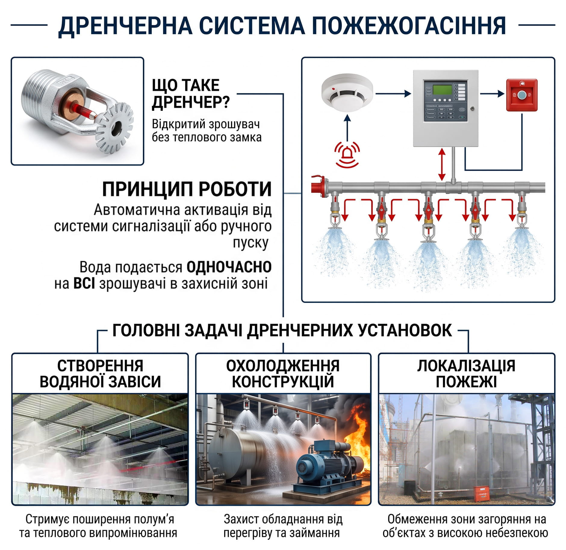 Інфографіка: що таке дренчерна система пожежогасіння та як працює.