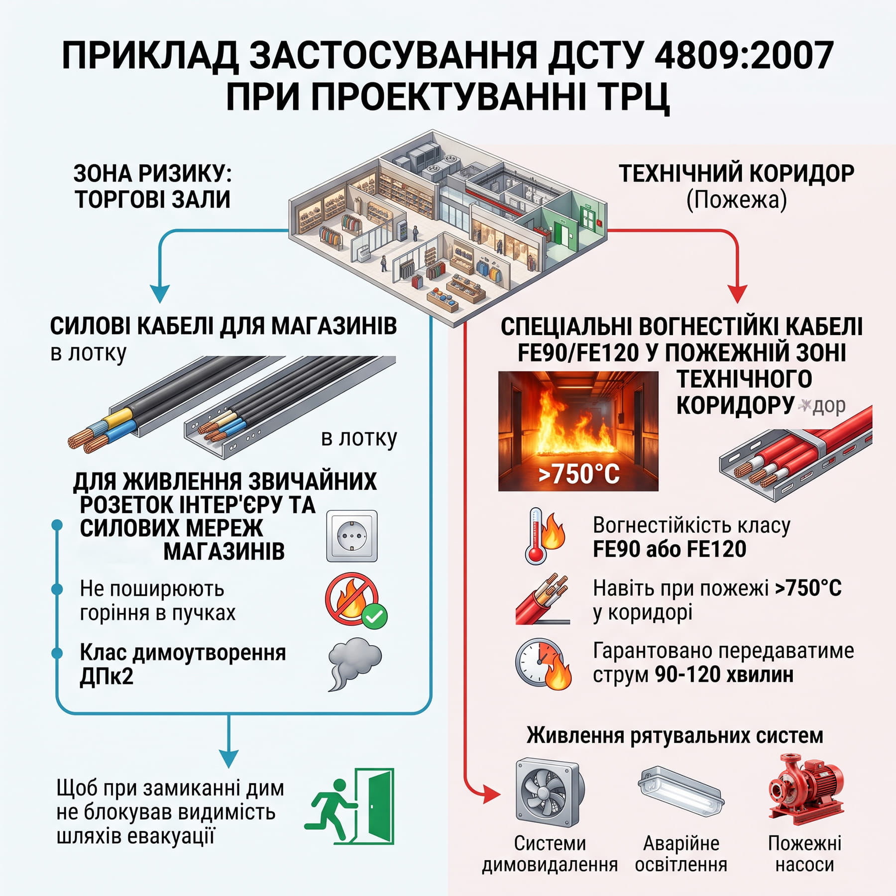 Розподіл кабелів на зони ризику та вимоги до їх вогнестійкості згідно з ДСТУ 4809:2007.