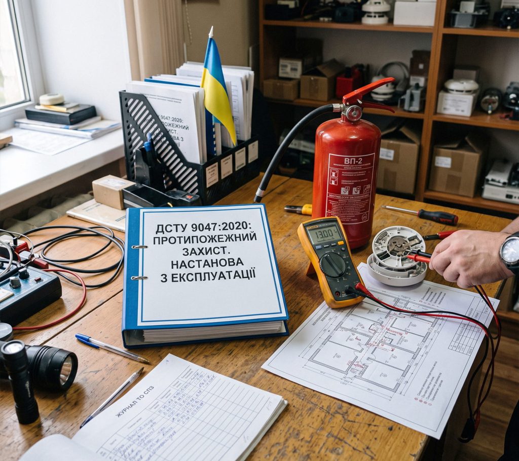 Фото: папка з настановою ДСТУ 9047:2020 та обладнання для перевірки систем протипожежного захисту.