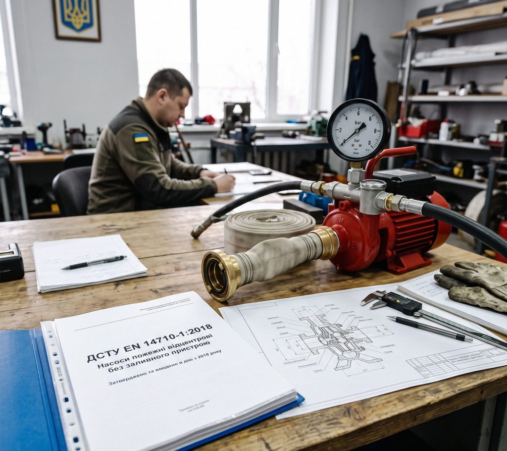 Документ ДСТУ EN 14710-1 на столі поруч з насосом, манометром та технічними кресленнями.