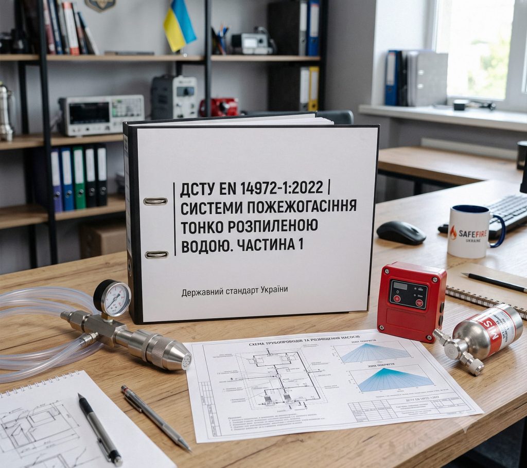 Фото: тека зі стандартом ДСТУ EN 14972-1:2022 про пожежогасіння тонкорозпиленою водою.