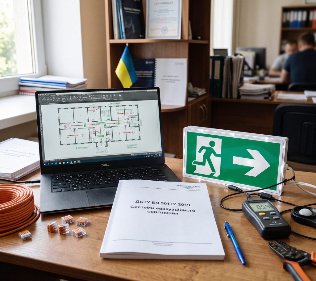 Фото: робочий кабінет та документ ДСТУ EN 50172:2019