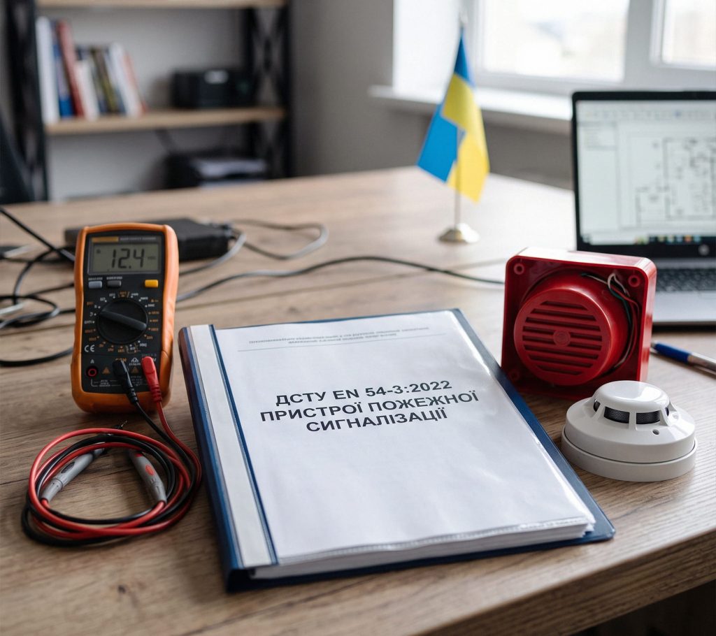 Документ ДСТУ EN 54-3:2022 на робочому столі інженера поруч із мультиметром, пожежною сиреною та датчиком диму.