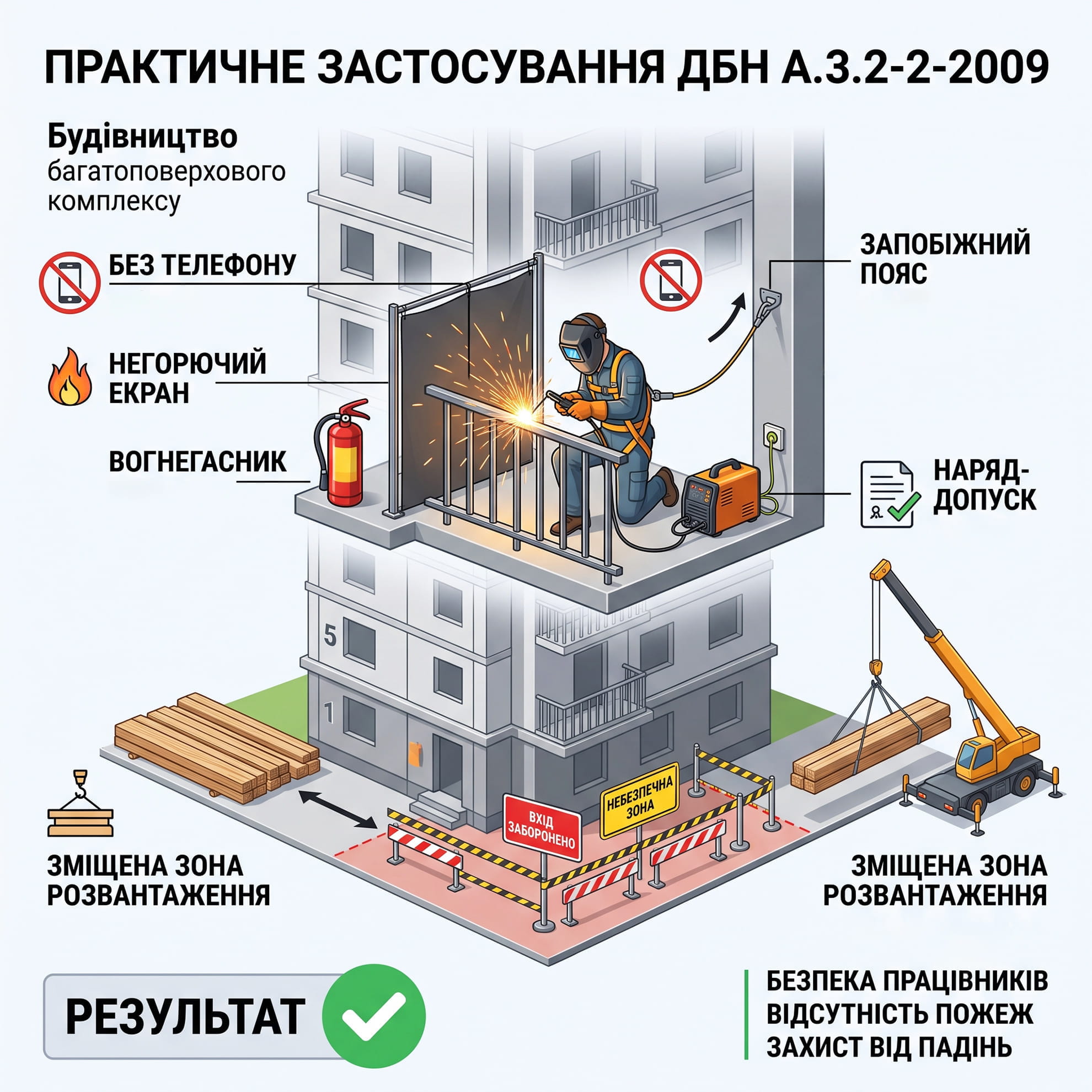 Інфографіка про норми ДБН А.3.2-2-2009 під час будівництва багатоповерхового будинку.
