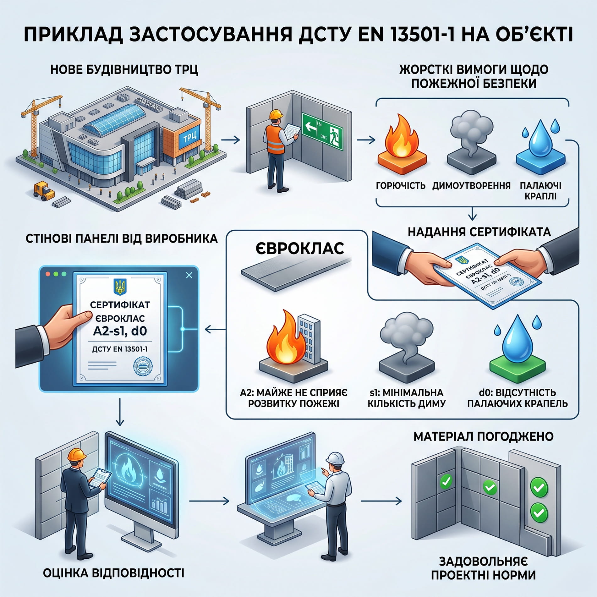 Інфографіка: приклад застосування стандарту ДСТУ EN 13501-1 для вибору вогнестійких матеріалів.