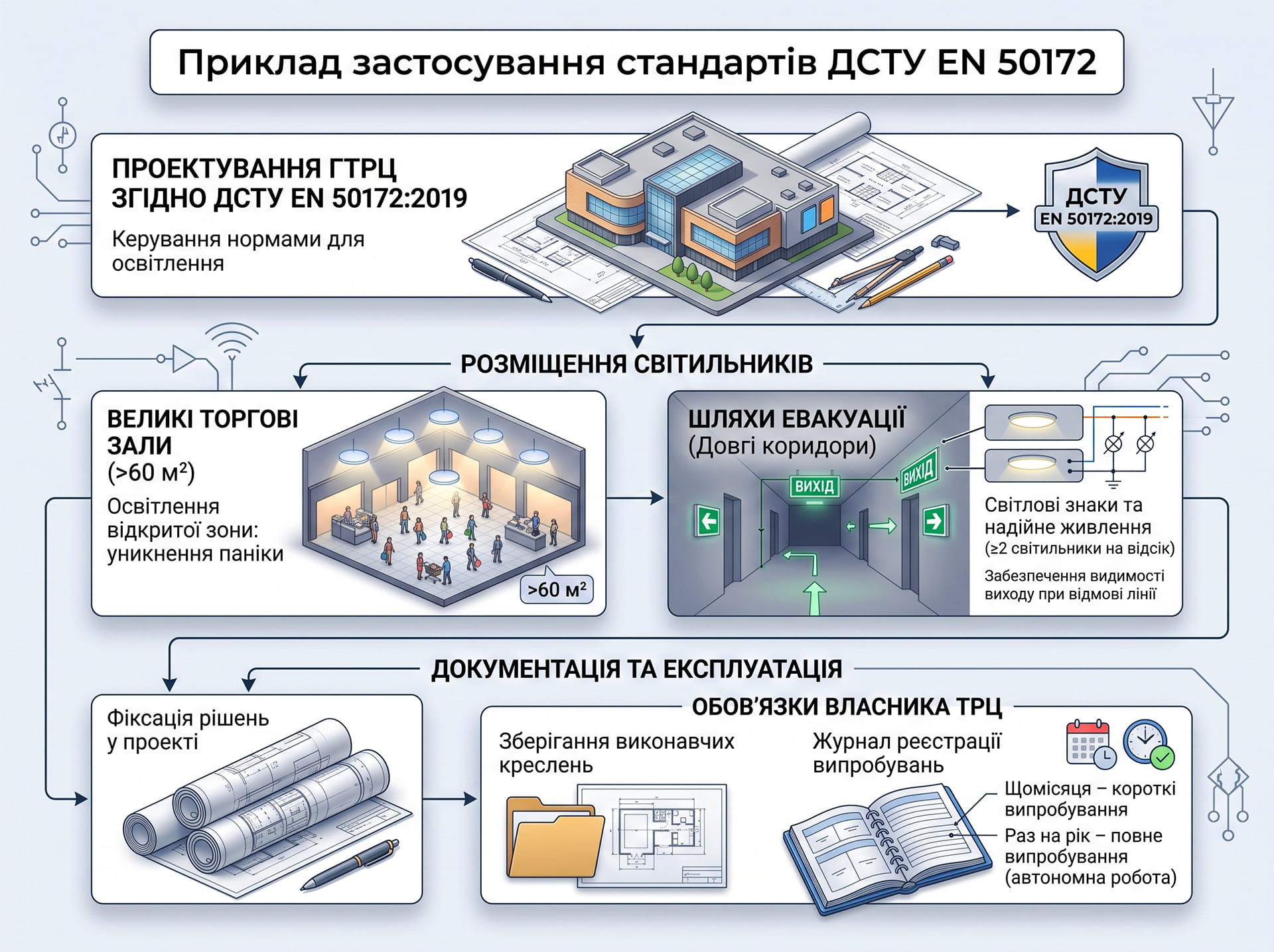 Інфографіка: приклад застосування стандарту ДСТУ EN 50172 для проектування аварійного освітлення та шляхів евакуації в ТРЦ.