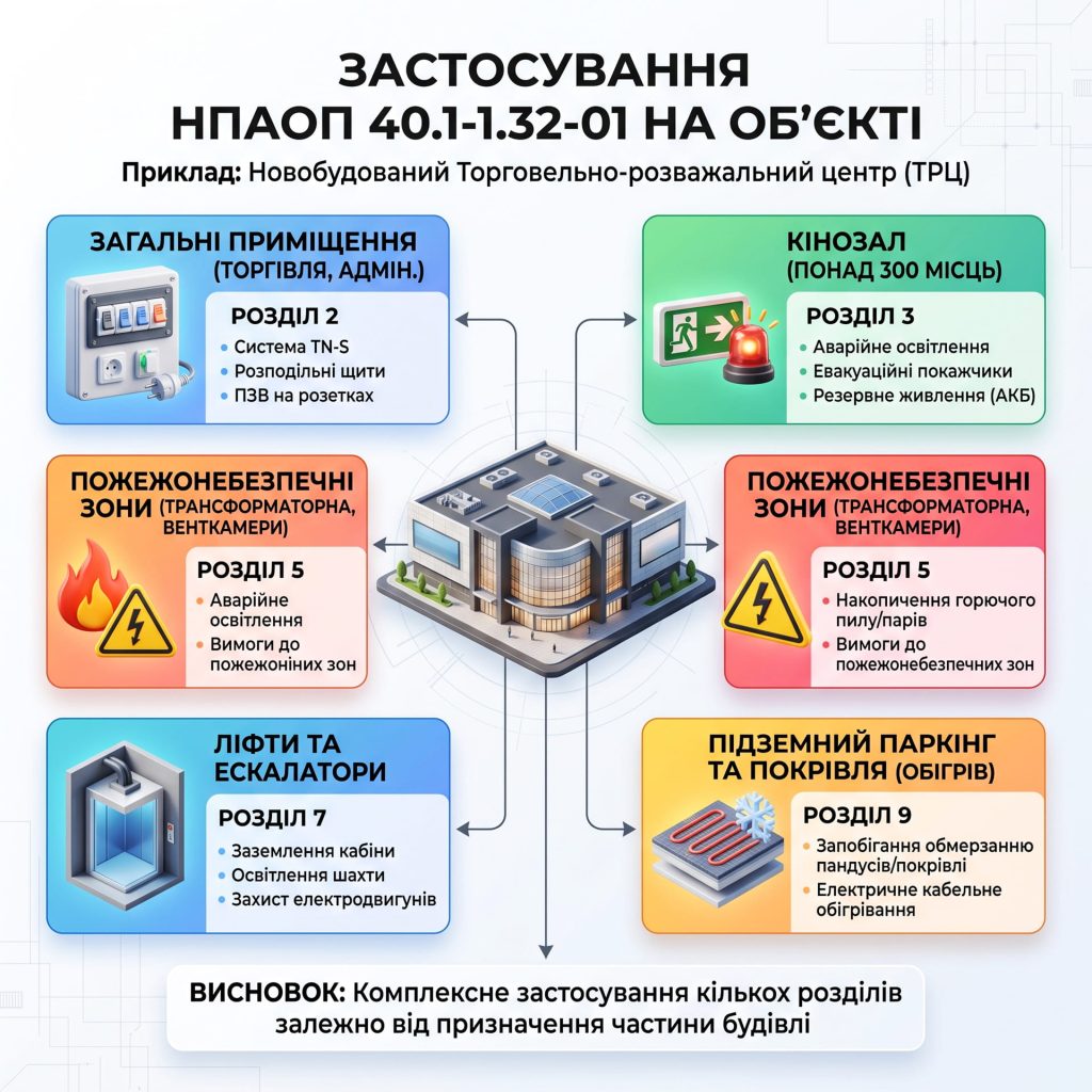 Інфографіка: приклад застосування НПАОП 40.1-1.32-01 для проєктування електромереж у новобудованому ТРЦ
