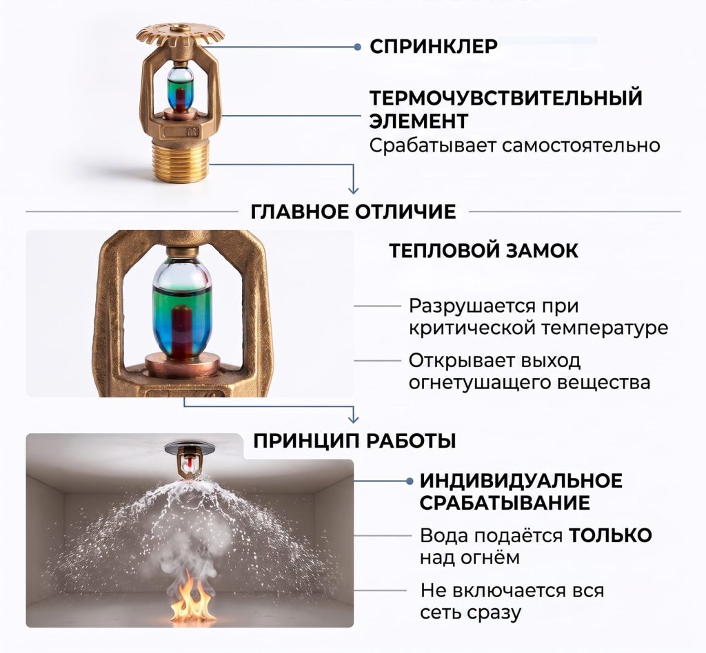 Инфографика: устройство и принцип работы пожарного спринклера с тепловым замком.