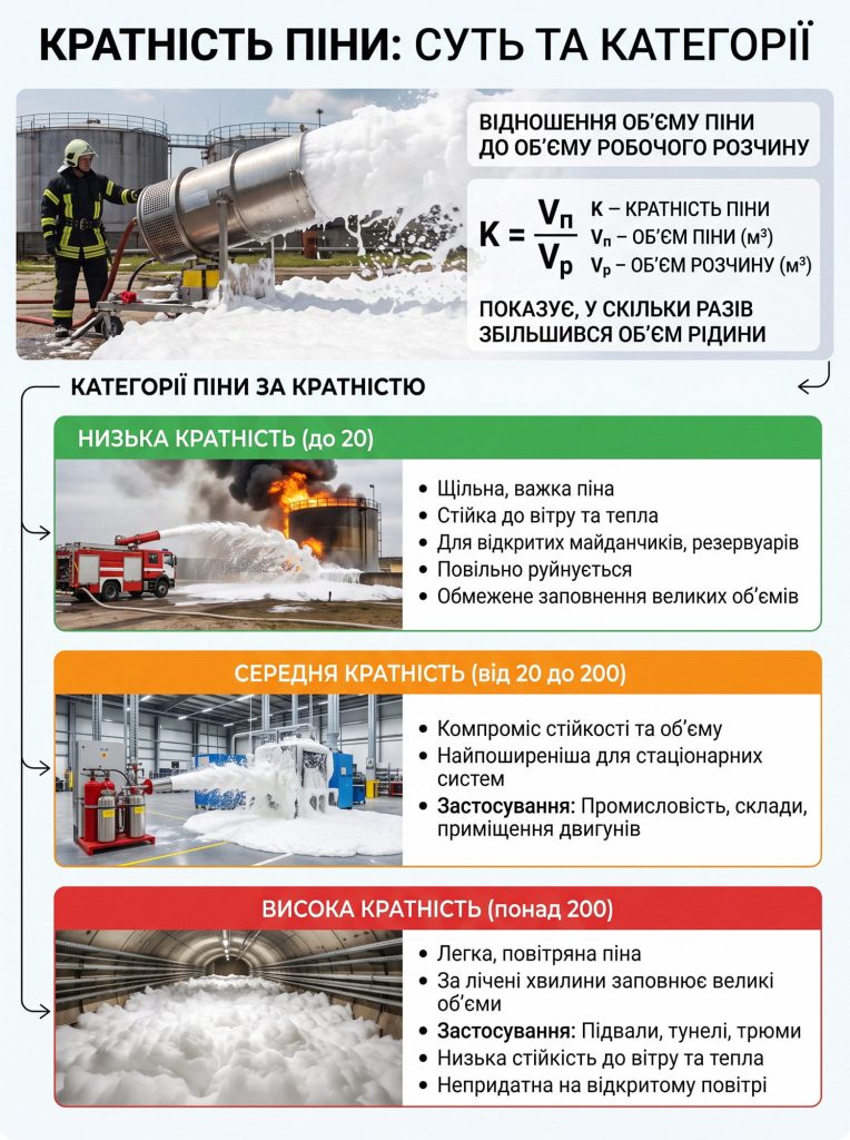 Інфографіка: визначення та формула кратності піни. Категорії піни для пожежогасіння (низька, середня та висока кратність).
