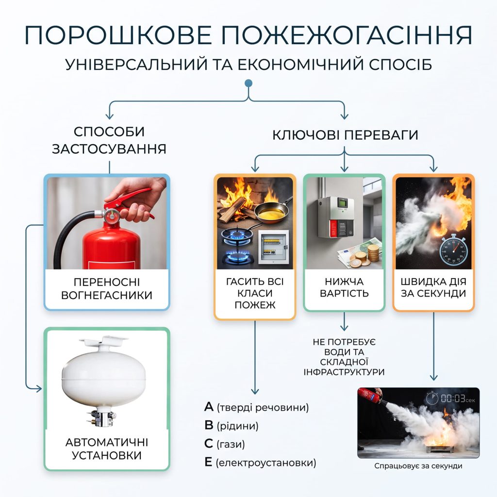 Інфографіка: способи застосування та ключові переваги порошкового пожежогасіння.