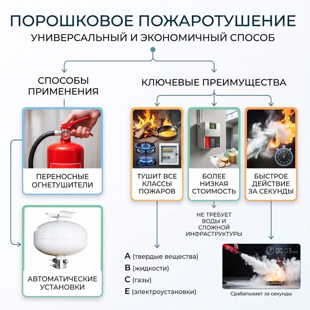 Инфографика: Порошковое пожаротушение – способы применения и главные преимущества.