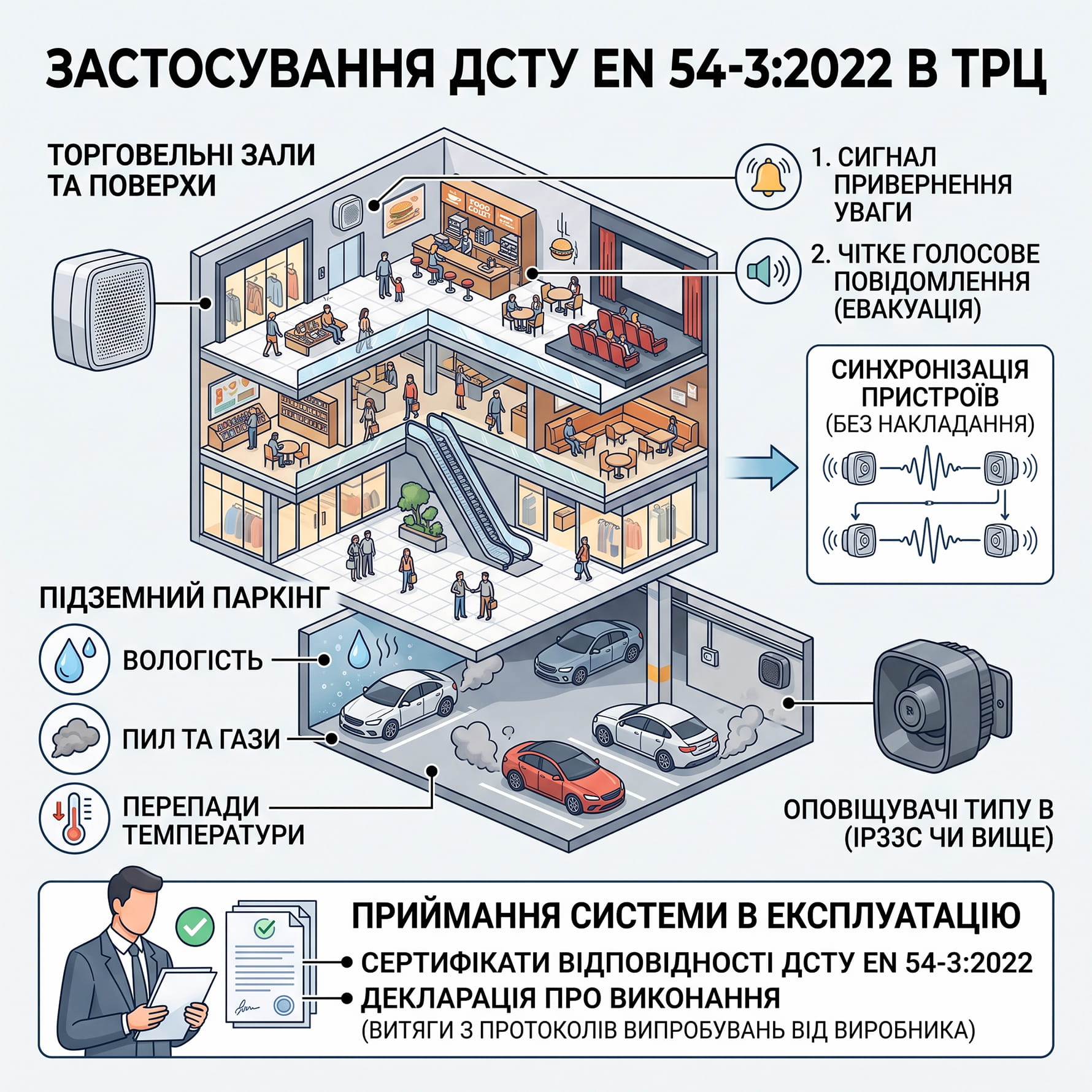 Інфографіка вимог ДСТУ EN 54-3:2022 до систем пожежного оповіщення в ТРЦ та підземних паркінгах.