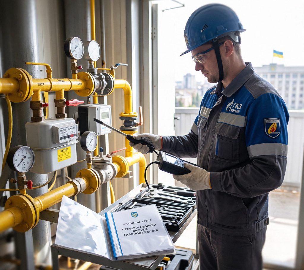 Фахівець газової служби перевіряє обладнання згідно з НПАОП 0.00-1.76-15 Правила безпеки систем газопостачання.