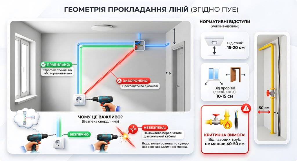 Інфографіка правил прокладання електропроводки згідно ПУЕ. Візуалізовано дозволений та заборонений монтаж кабелю, небезпеку свердління стін та нормативні відступи.