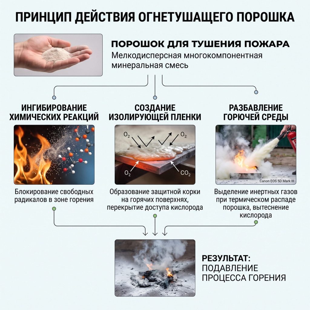 Инфографика: принцип действия порошка для тушения пожара.