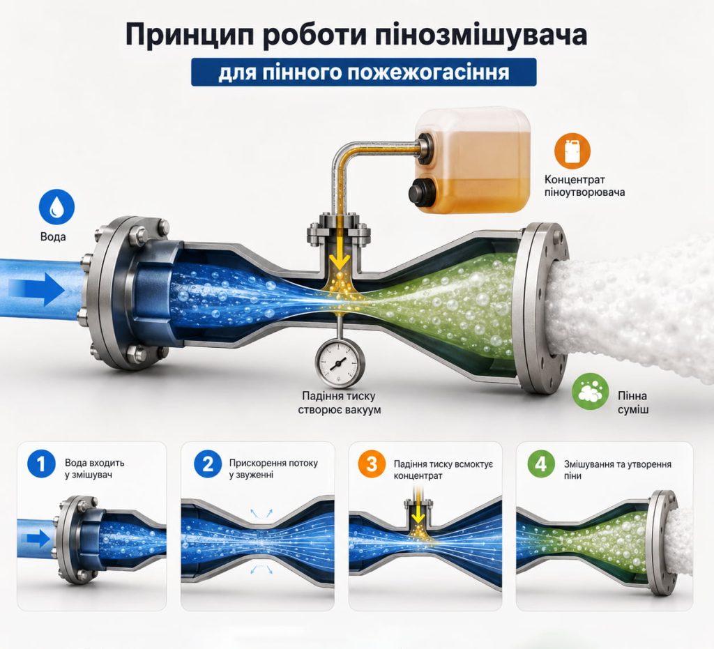 Інфографіка: принцип роботи пінозмішувача для пінного пожежогасіння на основі труби Вентурі.