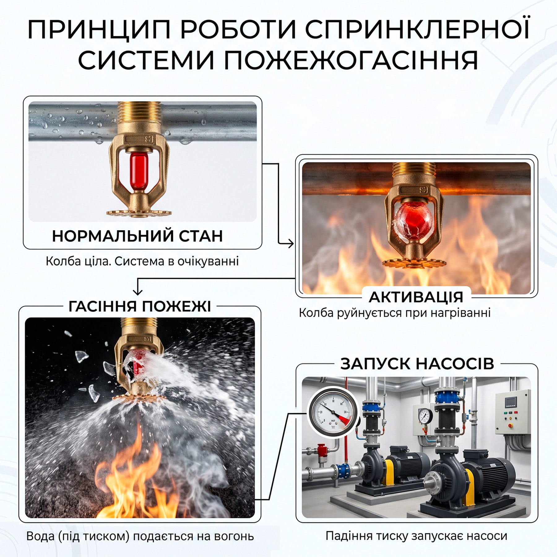 Принцип роботи спринклерної системи пожежогасіння: покрокова схема спрацювання зрошувача та запуску насосів.
