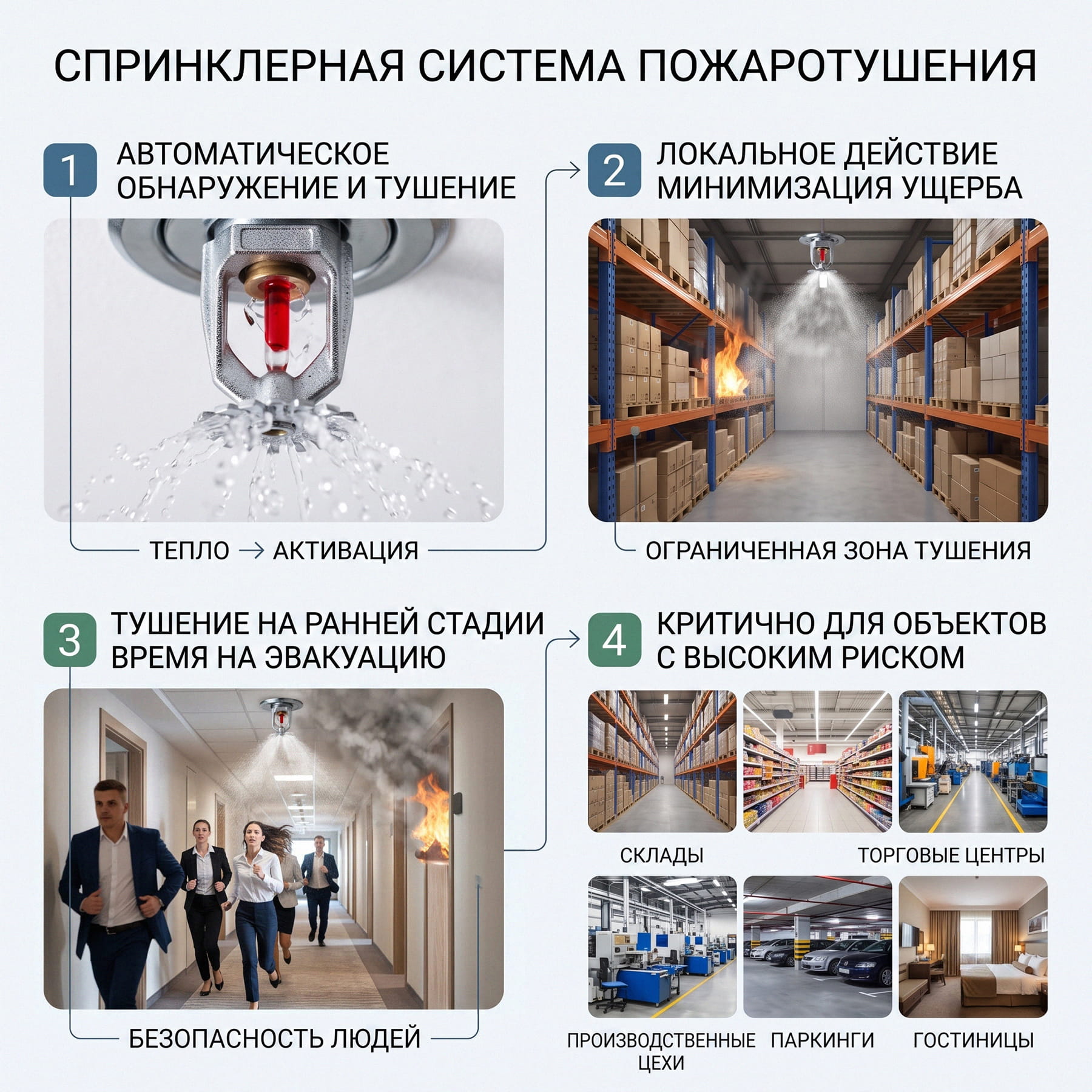 Инфографика: преимущества спринклерной системы пожаротушения.