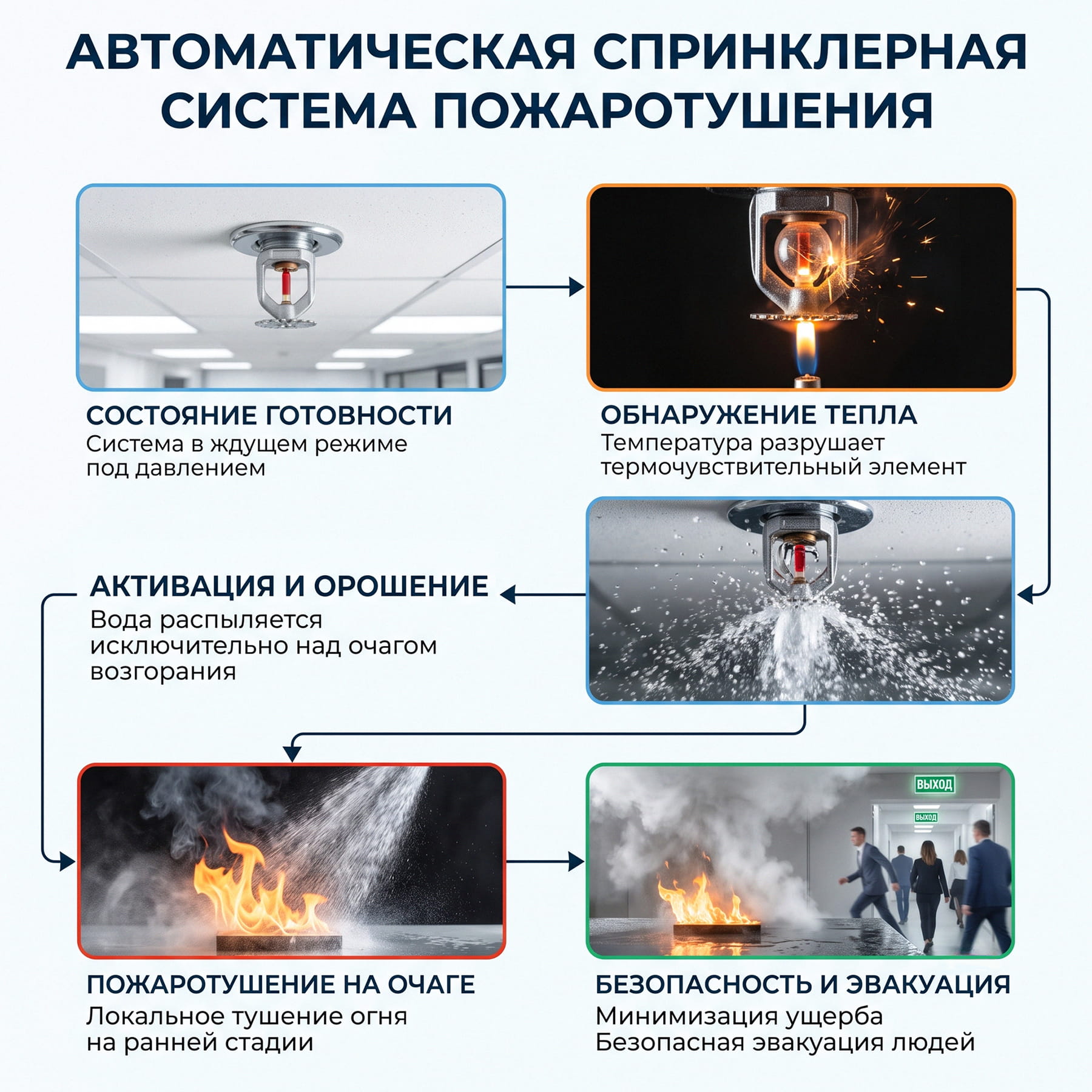 Инфографика: принцип работы спринклерной системы пожаротушения.