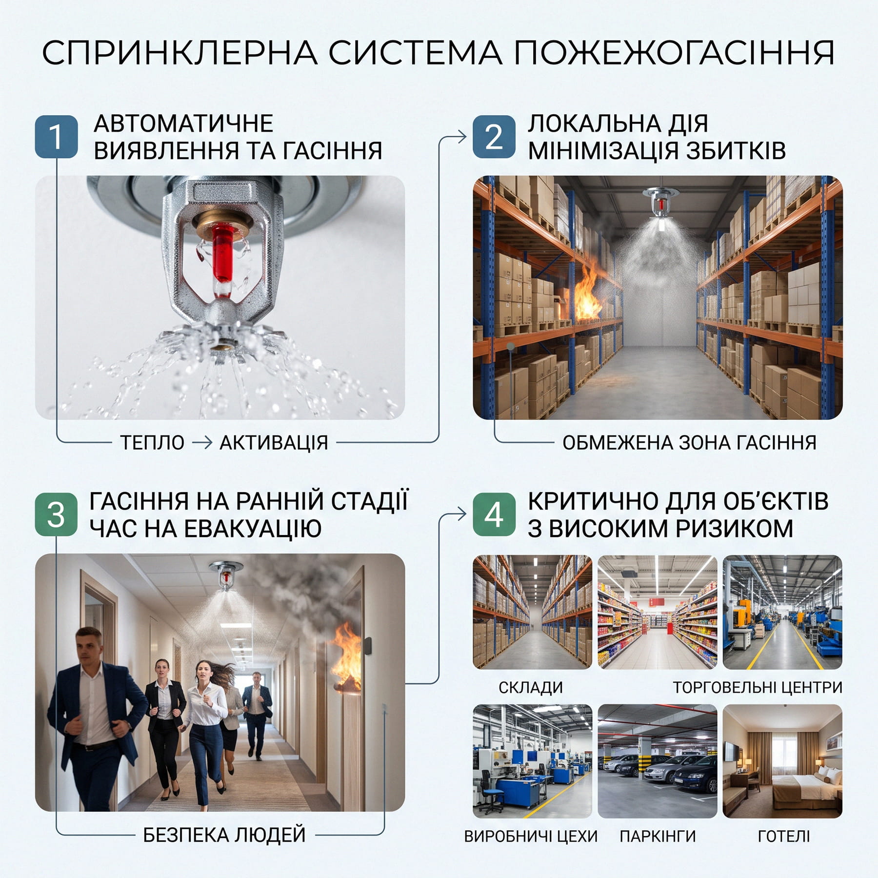 Інфографіка: принцип дії автоматичної спринклерної системи пожежогасіння.
