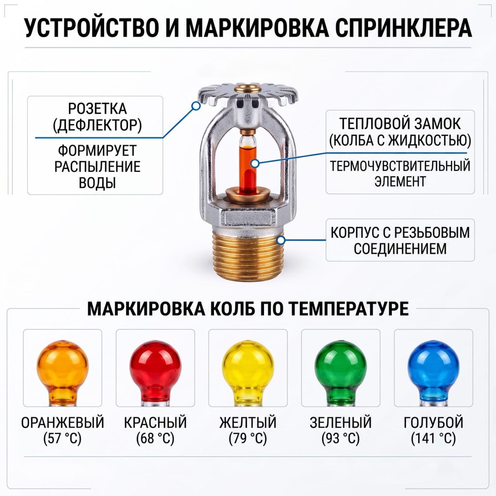 Инфографика: строение спринклера и цветовая маркировка колб.