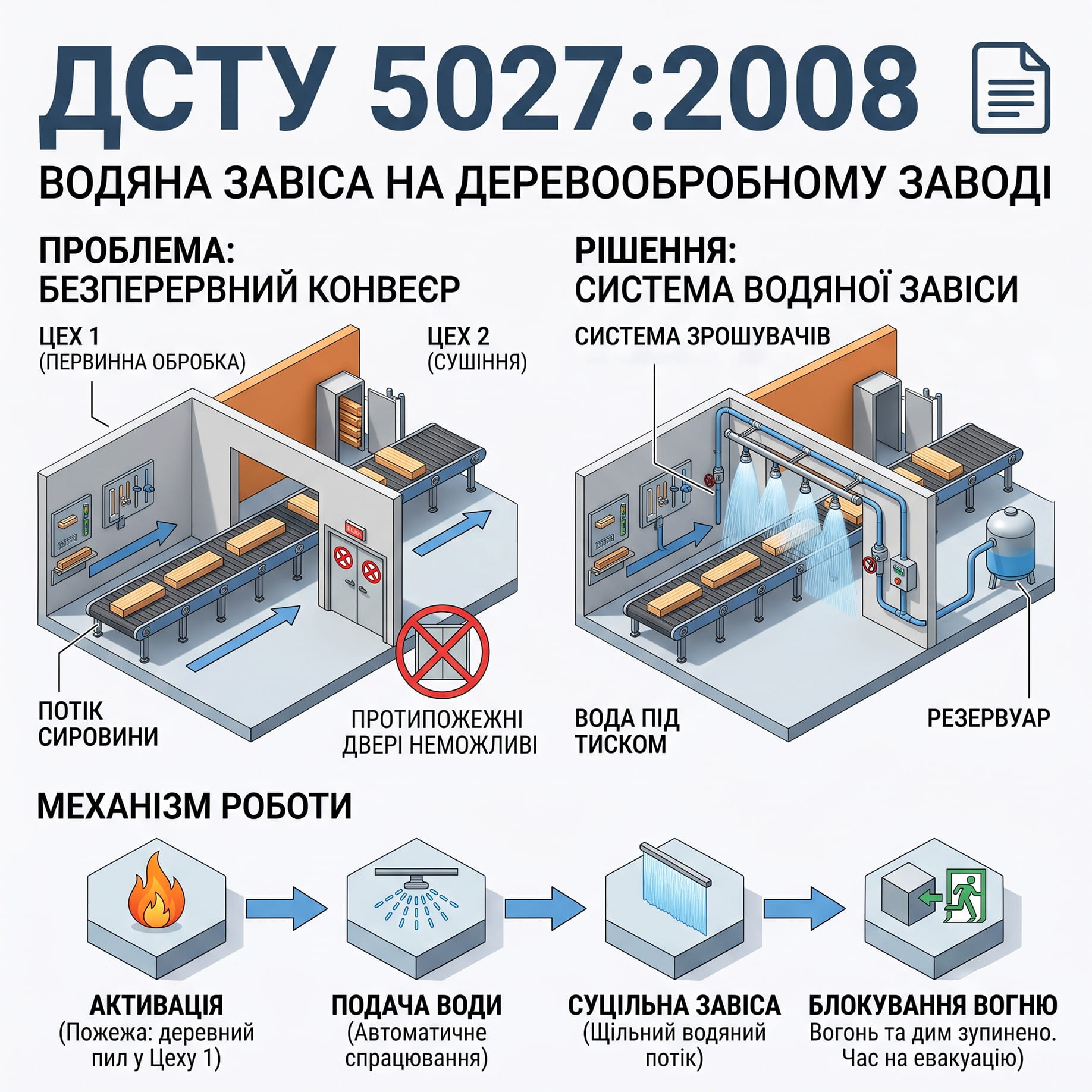 Інфографіка: система водяної завіси за ДСТУ 5027:2008 для пожежного захисту конвеєра на деревообробному заводі.