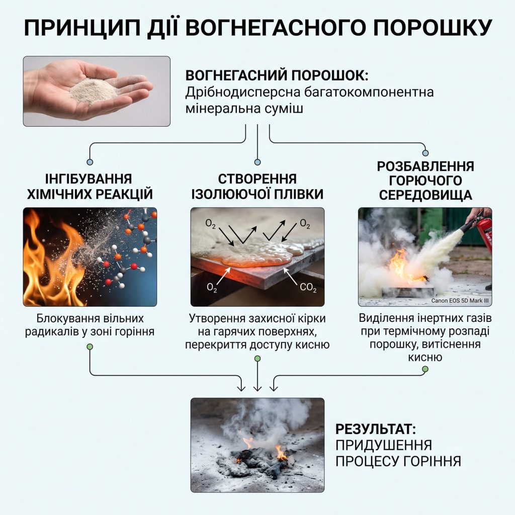 Інфографіка: принцип дії вогнегасного порошку.