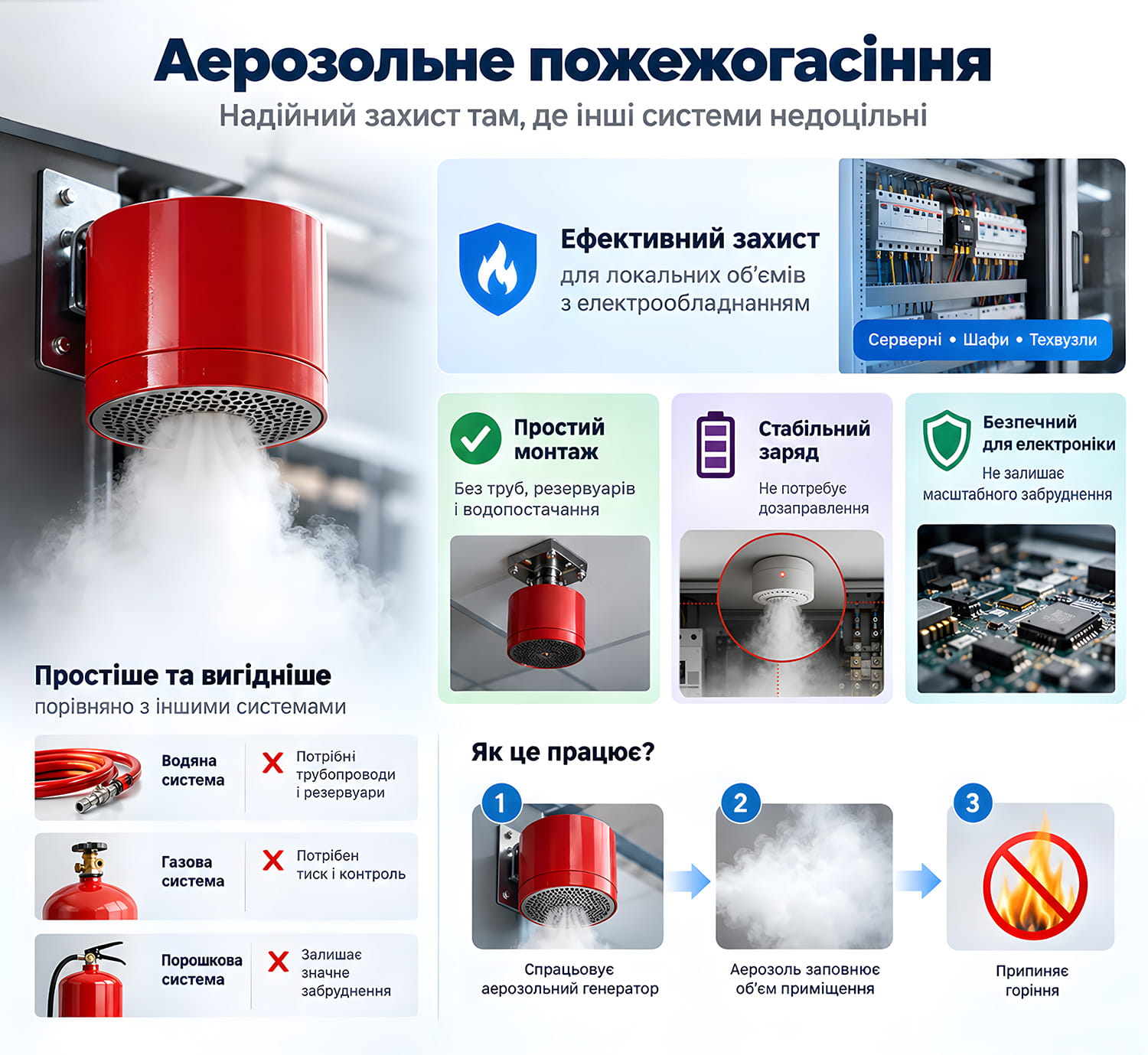 Інфографіка про переваги аерозольної системи пожежогасіння.