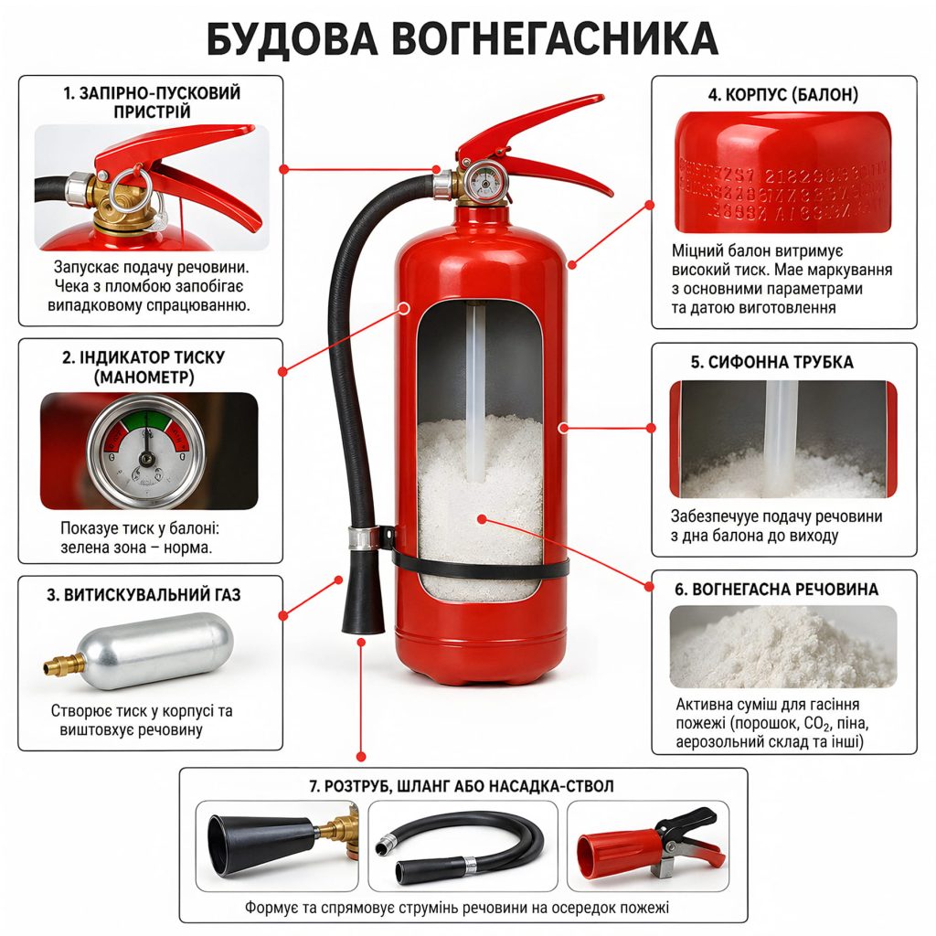 Будова вогнегасника – інфографіка про кожен елемент конструкції.