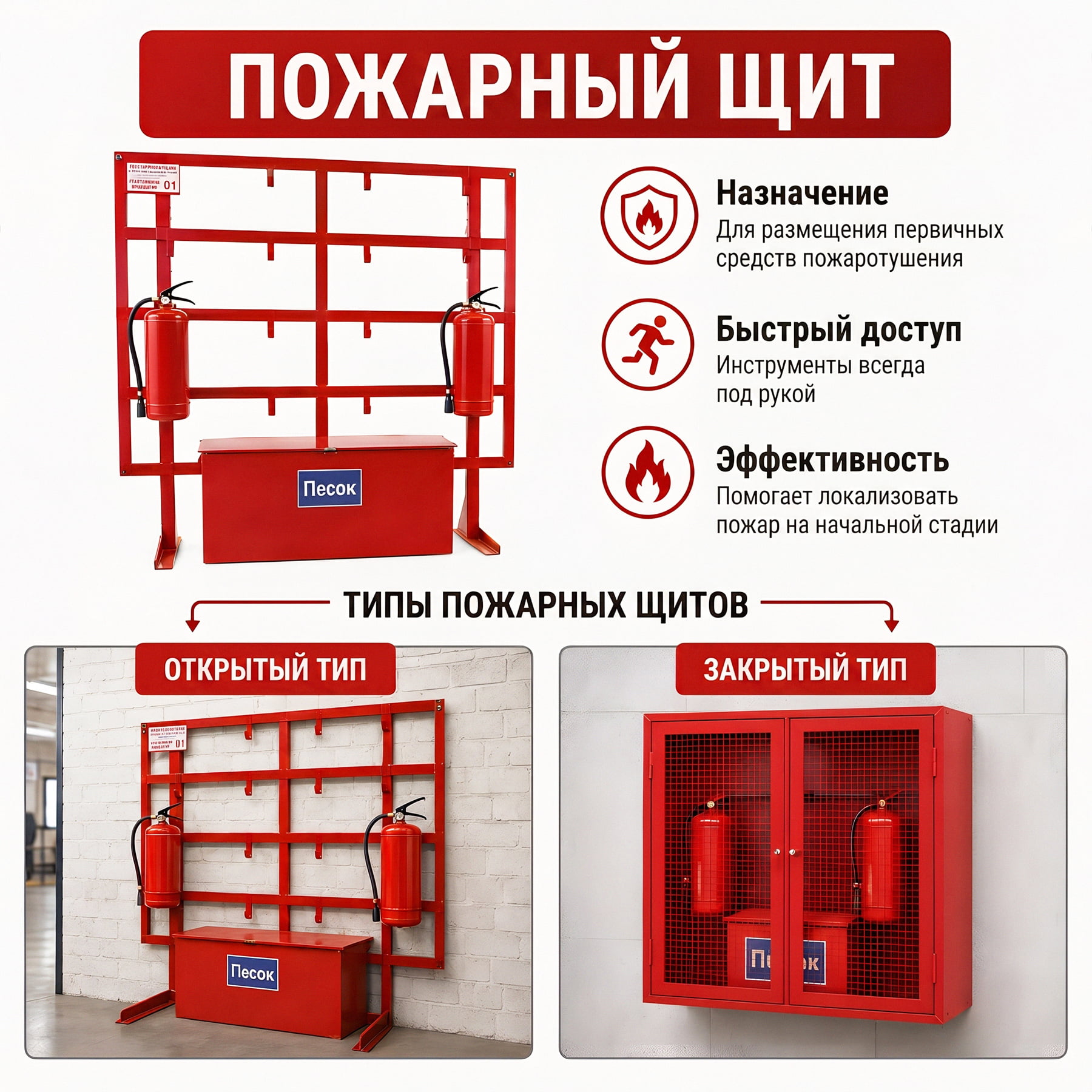 Инфографика: виды пожарных щитов (открытый и закрытый тип), их назначение и преимущества.