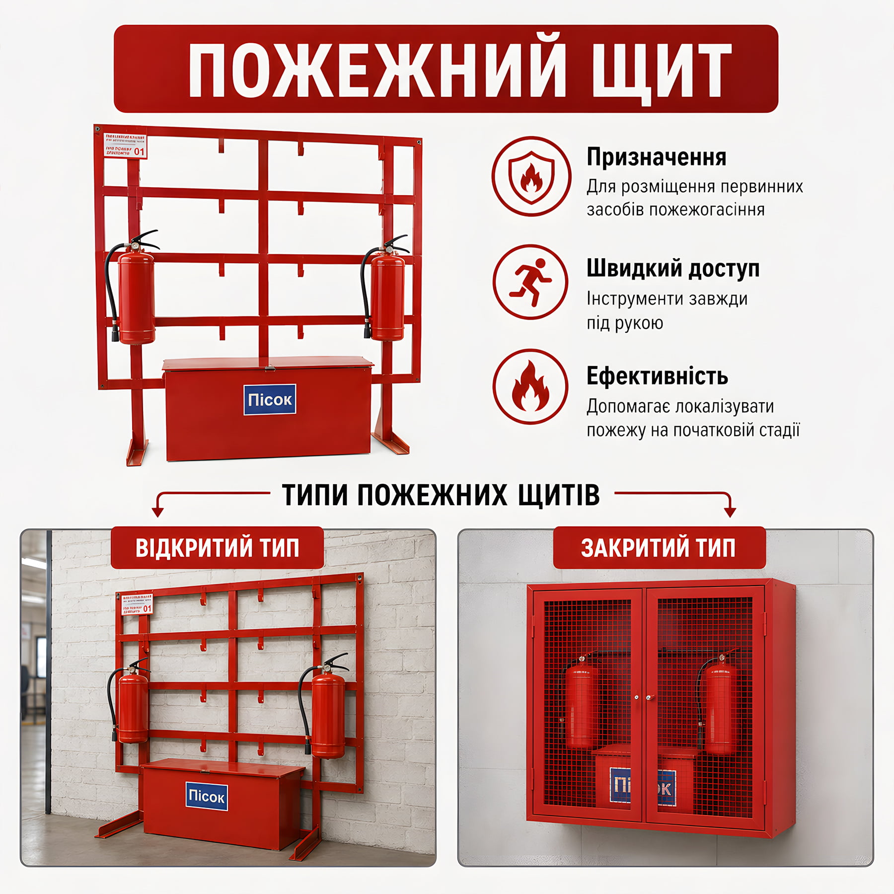 Інфографіка: пожежний щит відкритого та закритого типу.