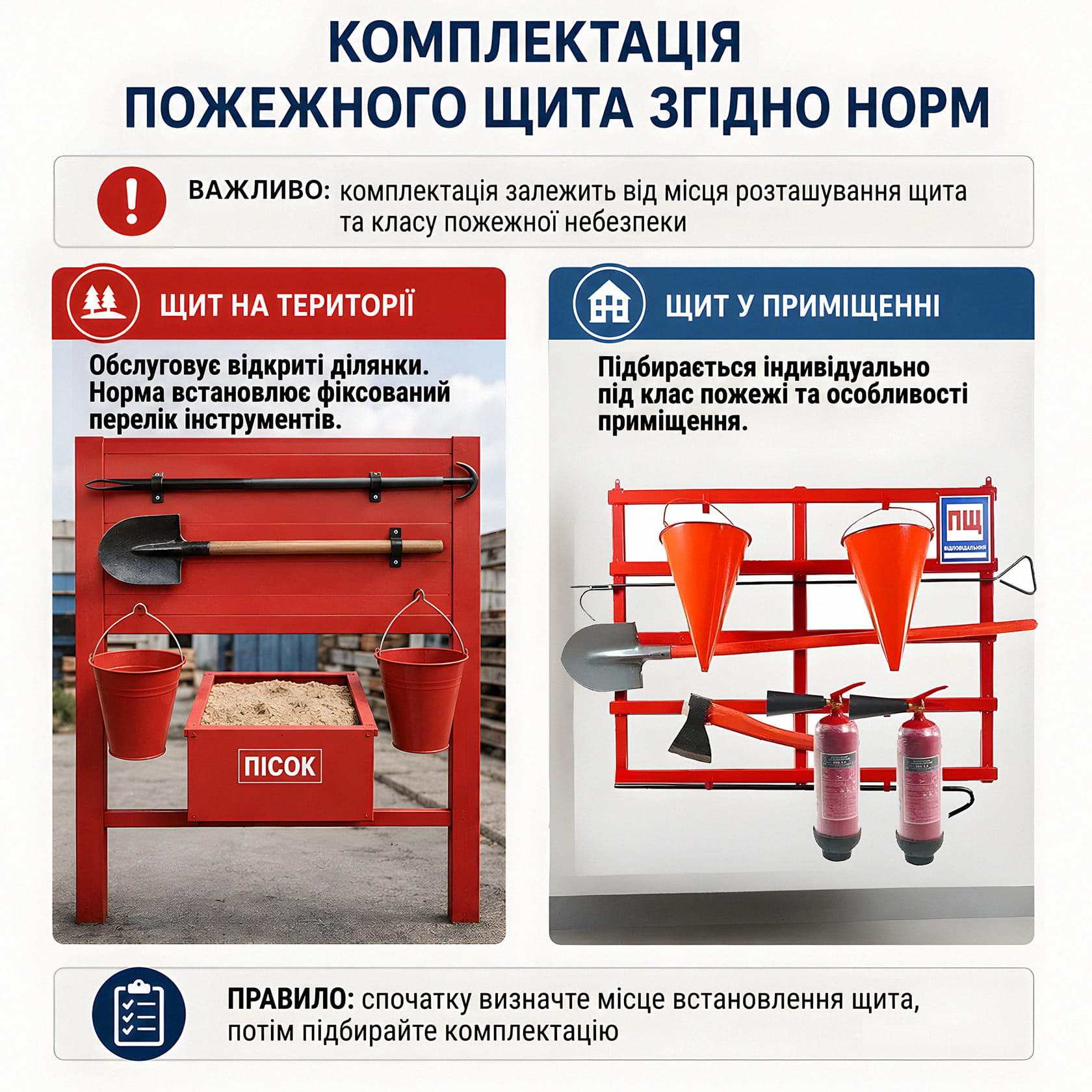 Інфографіка: правильна комплектація пожежного щита згідно з нормами для відкритої території та приміщень.