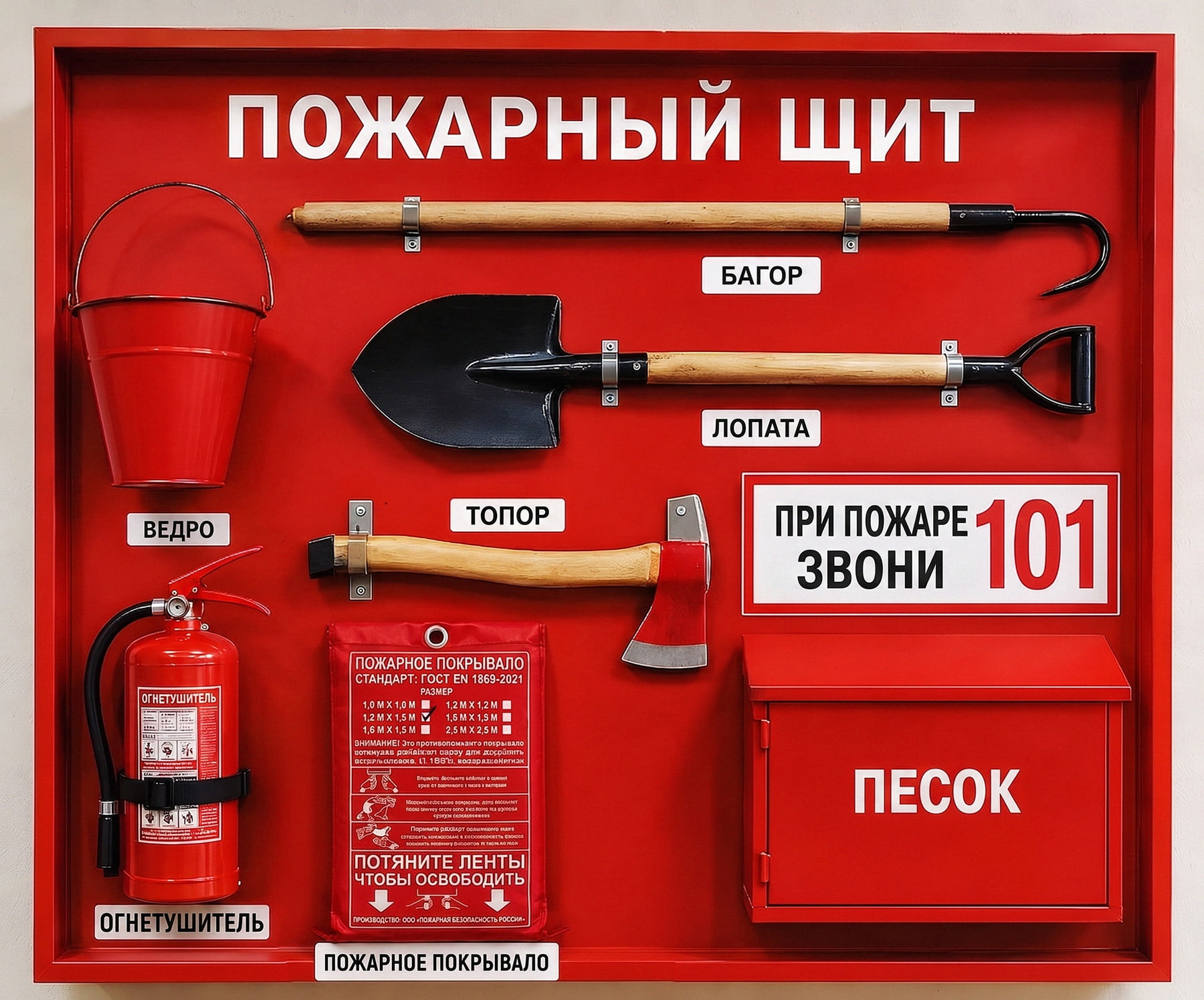 Фото: пожарный щит в комплекте: багор, лопата, топор, ведро, огнетушитель и противопожарное покрывало.