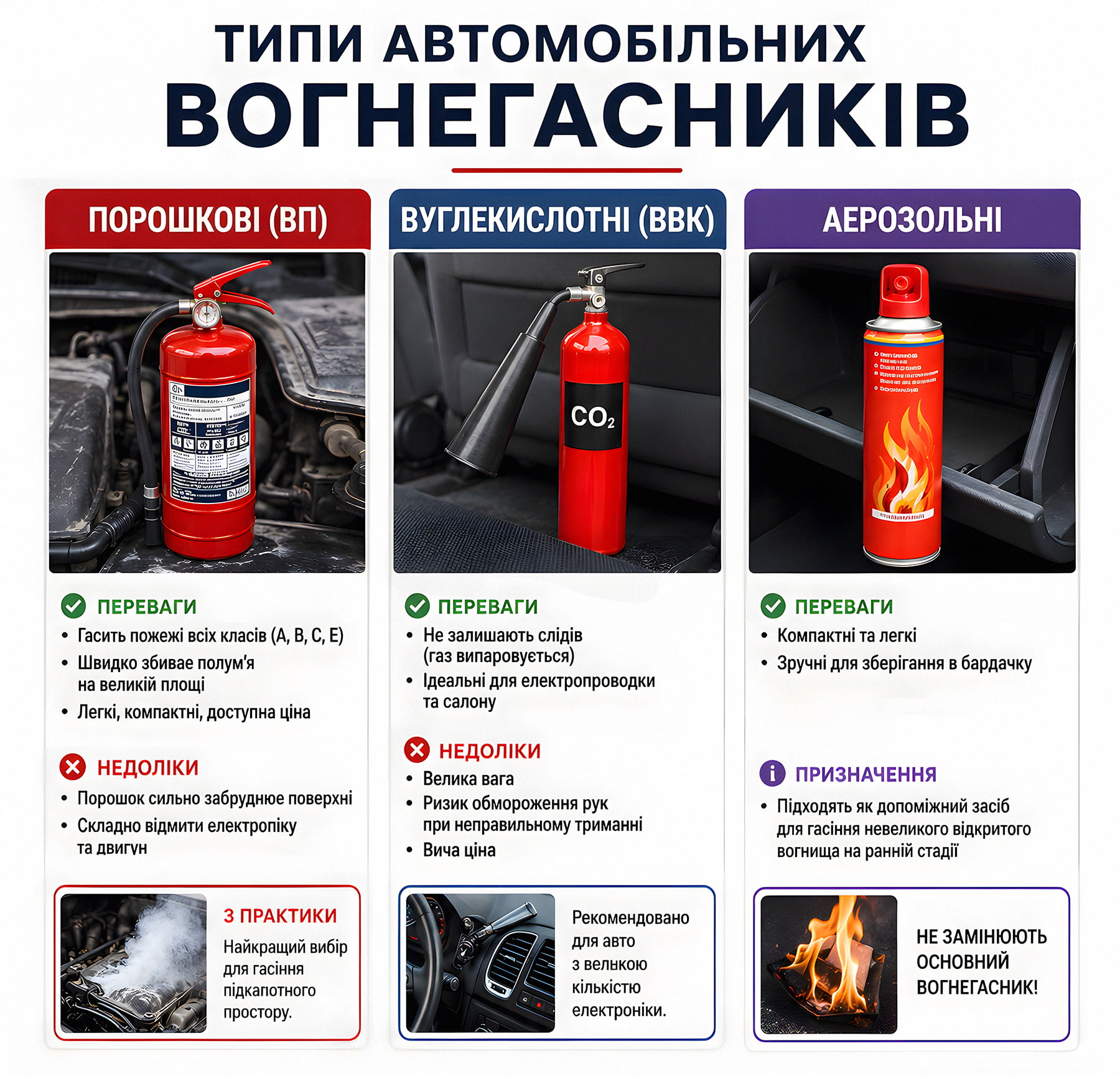 Типи автомобільних вогнегасників: порошкові, вуглекислотні та аерозольні.