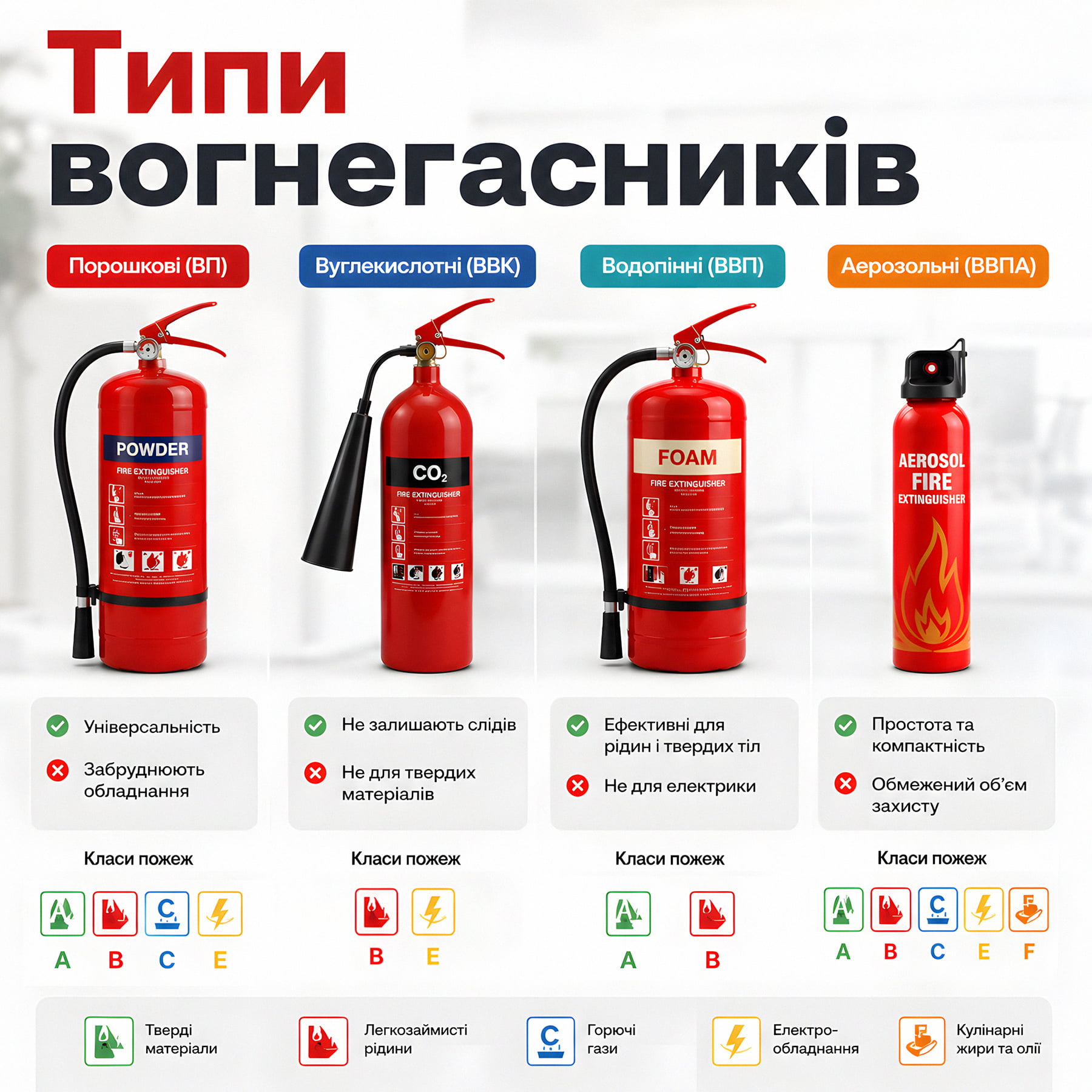 Типи вогнегасників ВП, ВВК, ВВП та ВВПА – інфографіка про класи пожеж кожного виду.