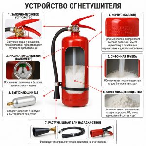 Схема конструкции огнетушителя с описанием всех его составных частей.