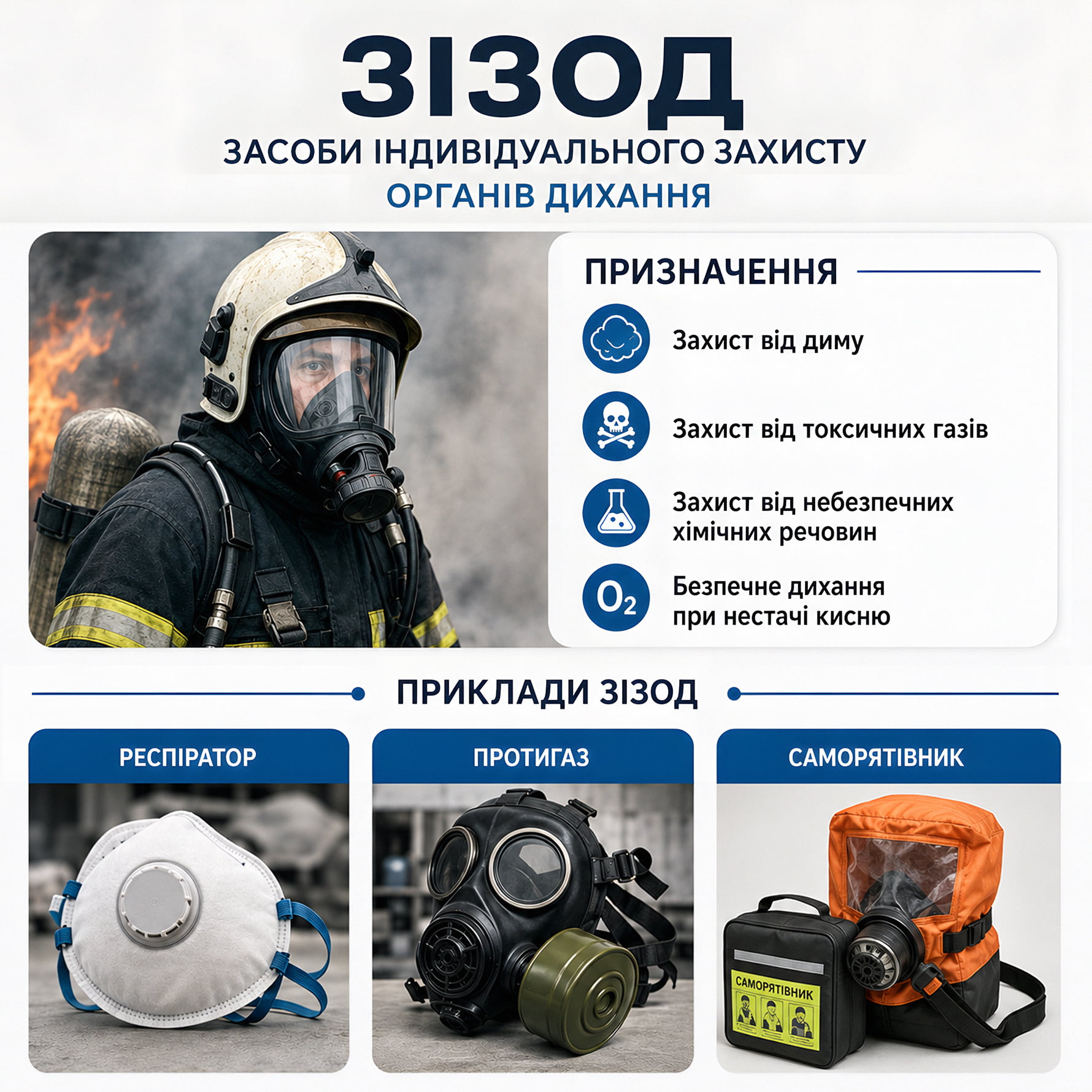Інфографіка: ЗІЗОД – засоби індивідуального захисту органів дихання.